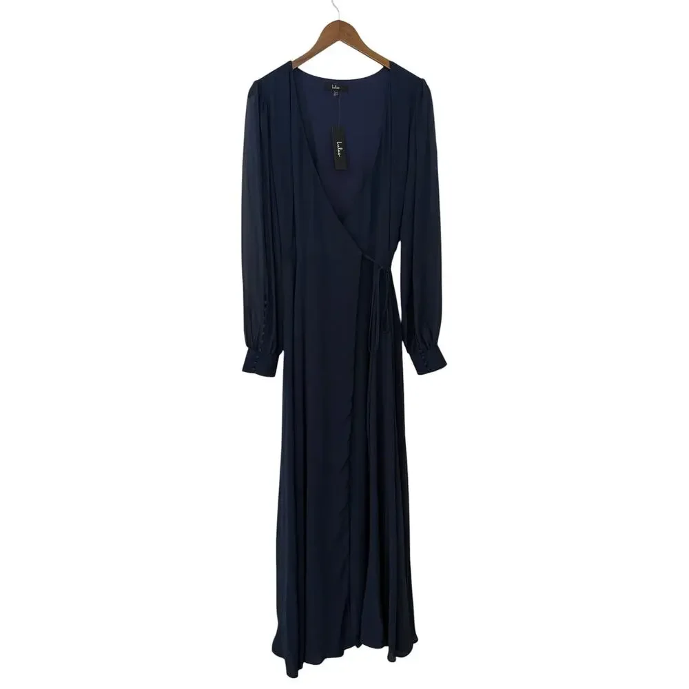 Lulus My Whole Heart Navy Long Sleeve Wrap Dress size XL NWT - Picture 2 of 6